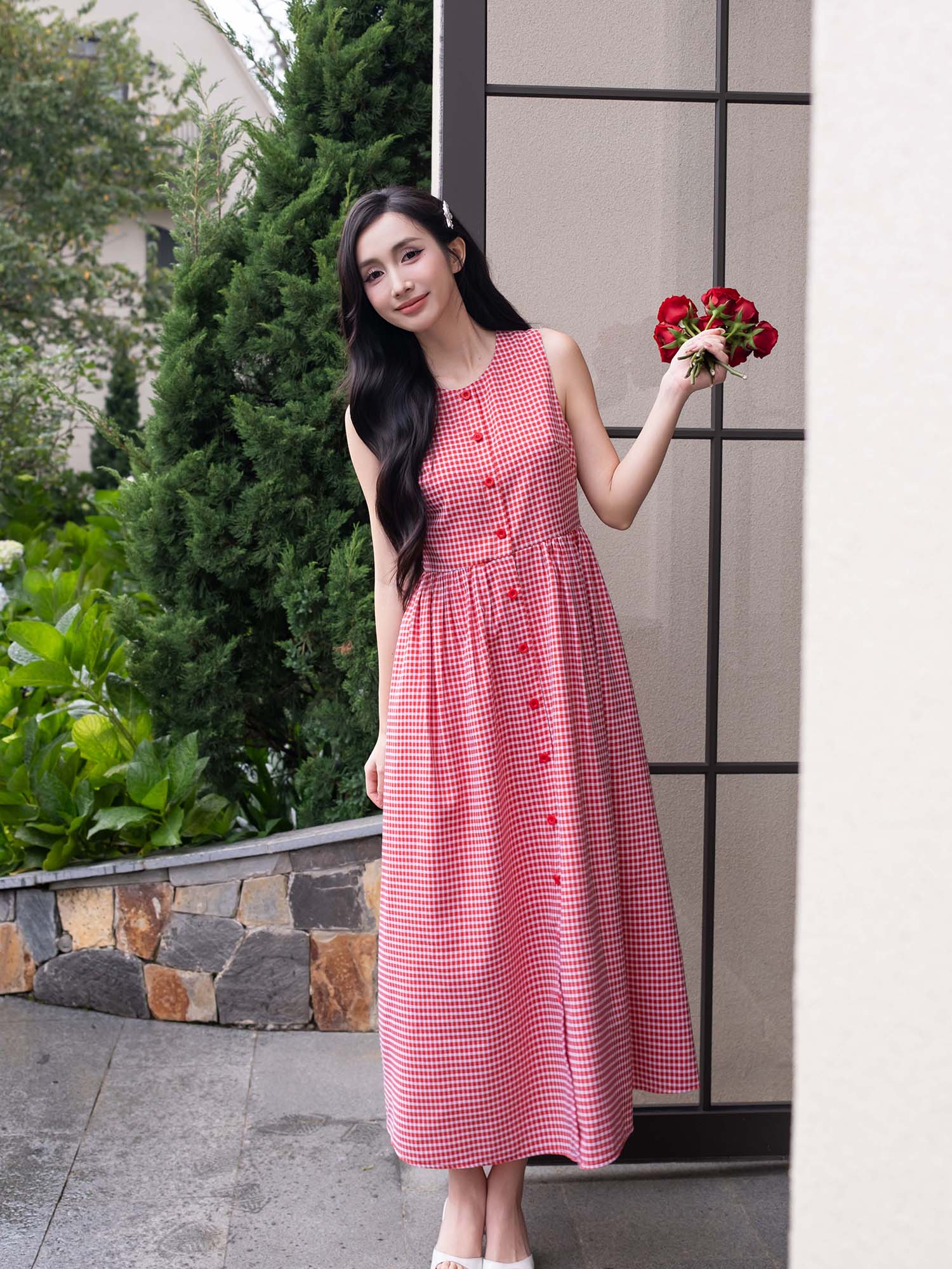 Đầm dài caro cơ bản