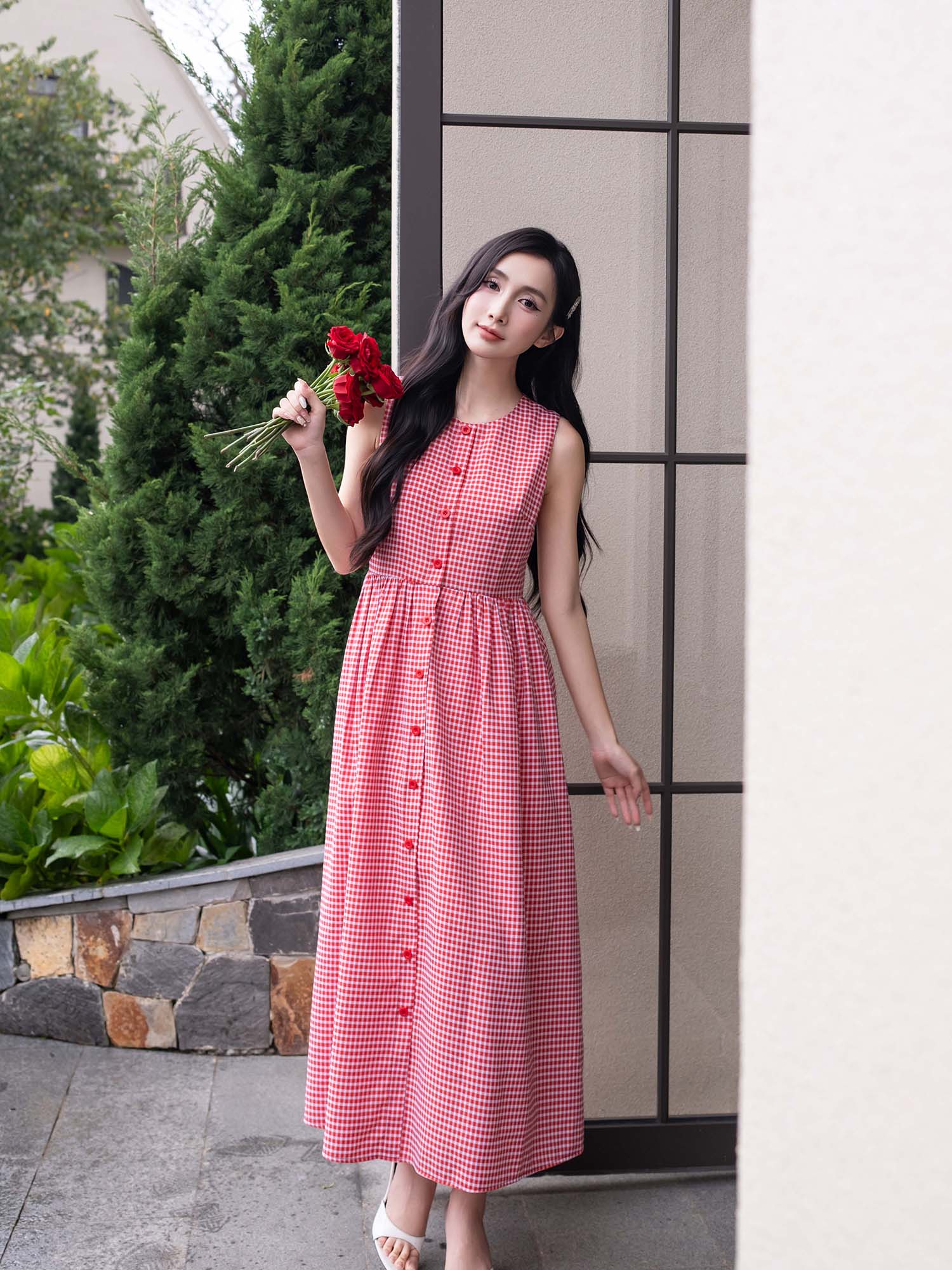 Đầm dài caro cơ bản