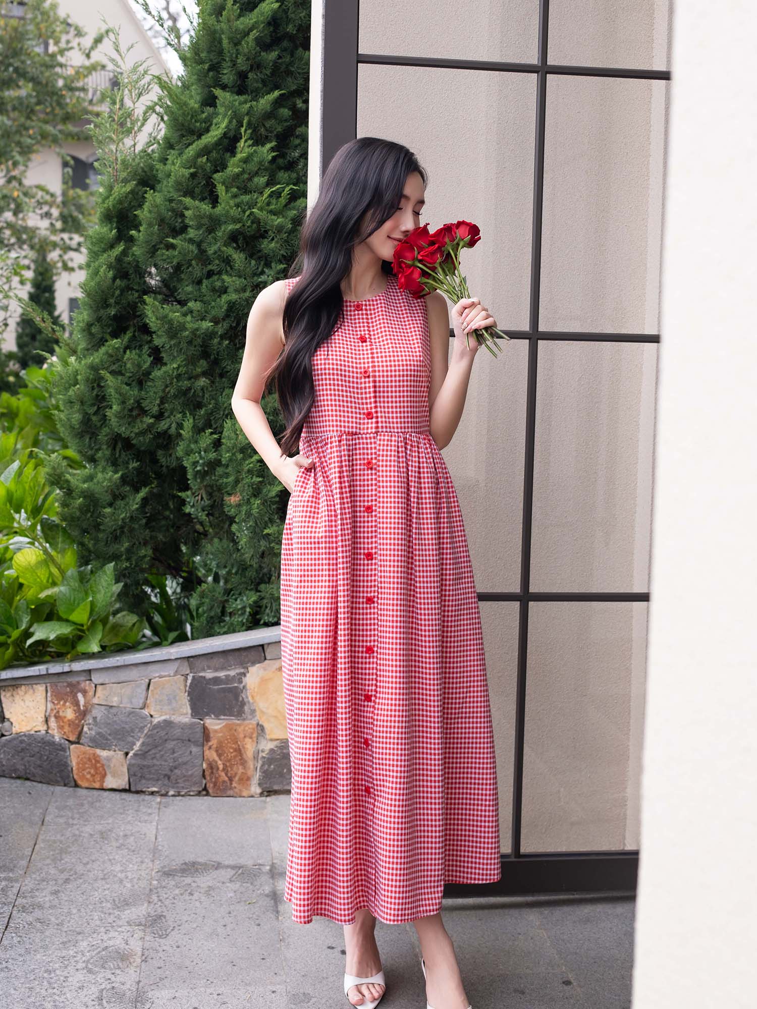 Đầm dài caro cơ bản