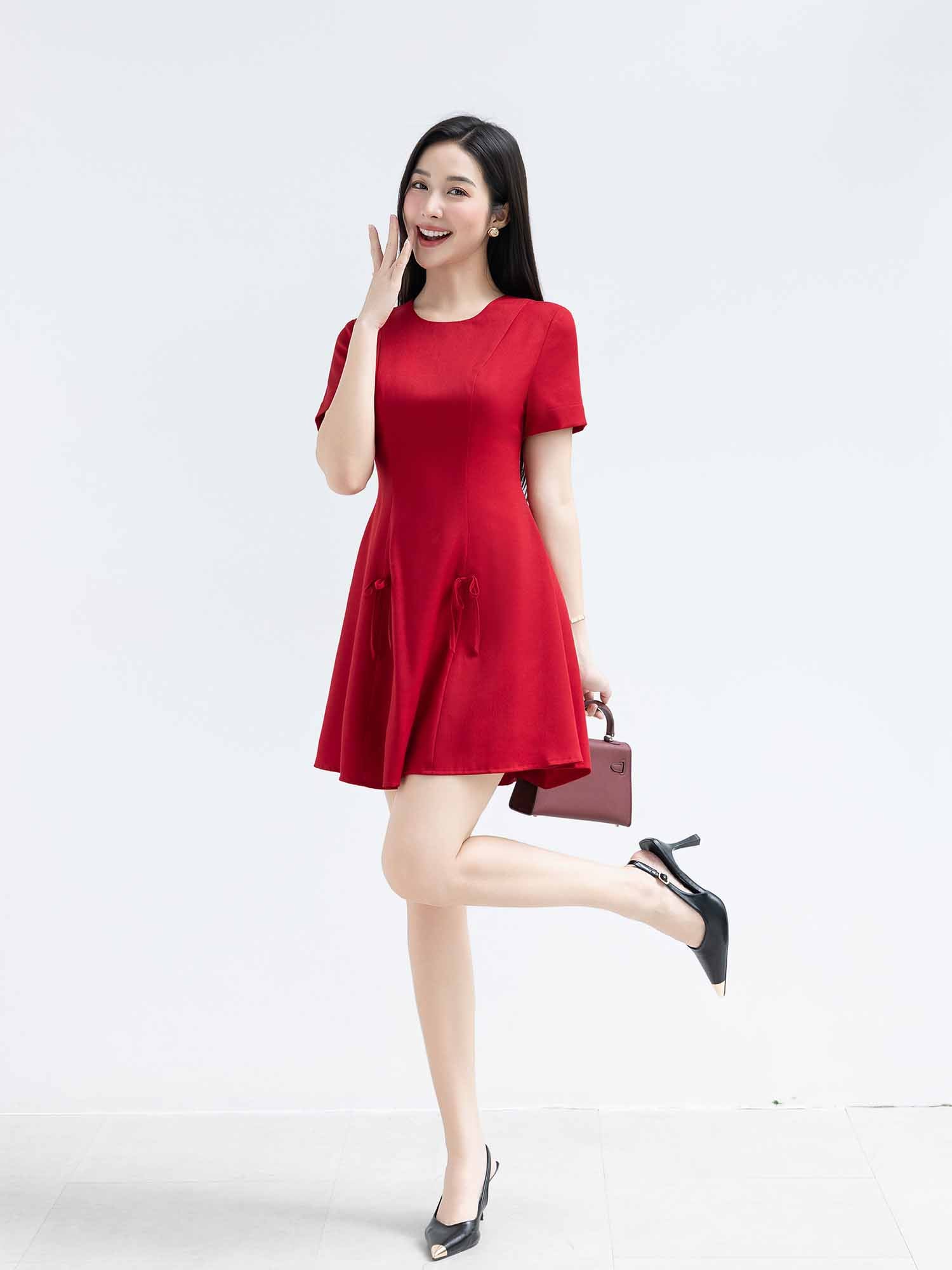 Đầm mini xoè phối dây nơ