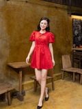  Đầm mini gấm tay phồng phối nơ 