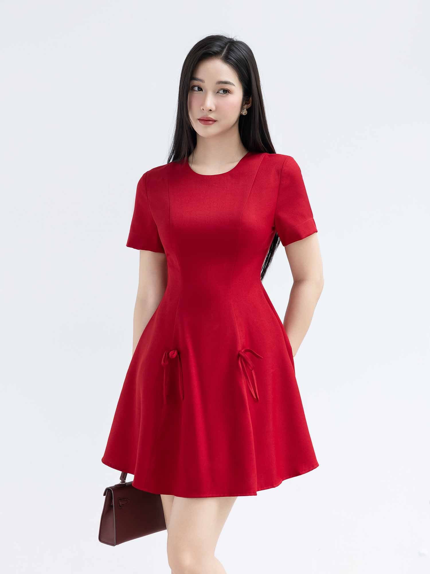 Đầm mini xoè phối dây nơ