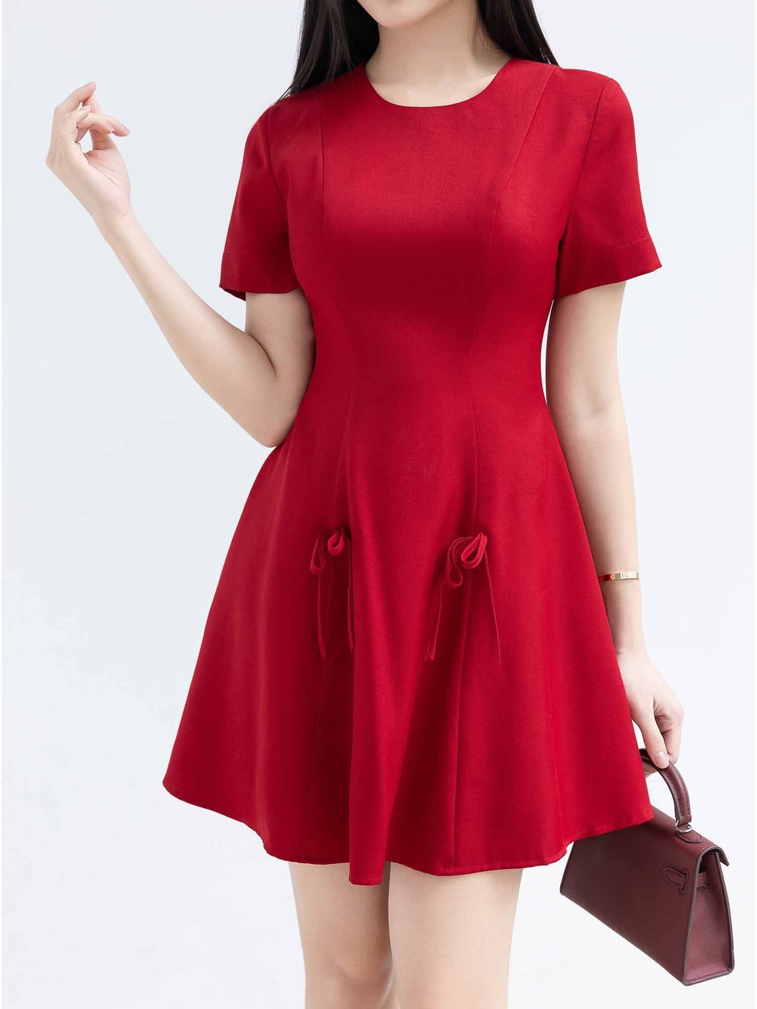  Đầm mini xoè phối dây nơ 