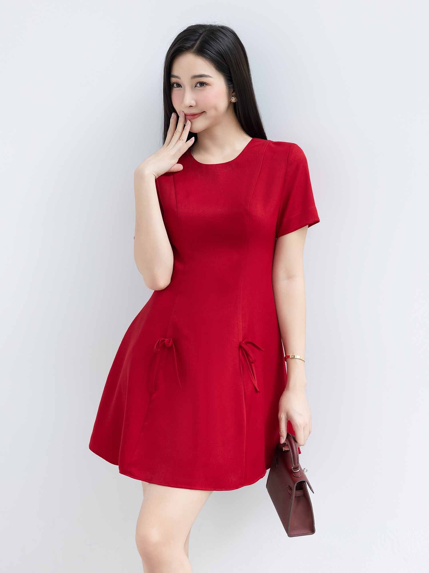 Đầm mini xoè phối dây nơ