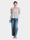  Áo kiểu babydoll họa tiết cổ vuông phối bèo tay phồng 