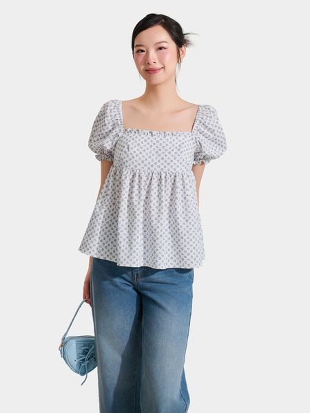  Áo kiểu babydoll họa tiết cổ vuông phối bèo tay phồng 