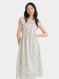  Đầm midi tơ thêu tay cánh tiên thắt nơ cổ nhún thun eo 