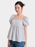  Áo kiểu babydoll họa tiết cổ vuông phối bèo tay phồng 