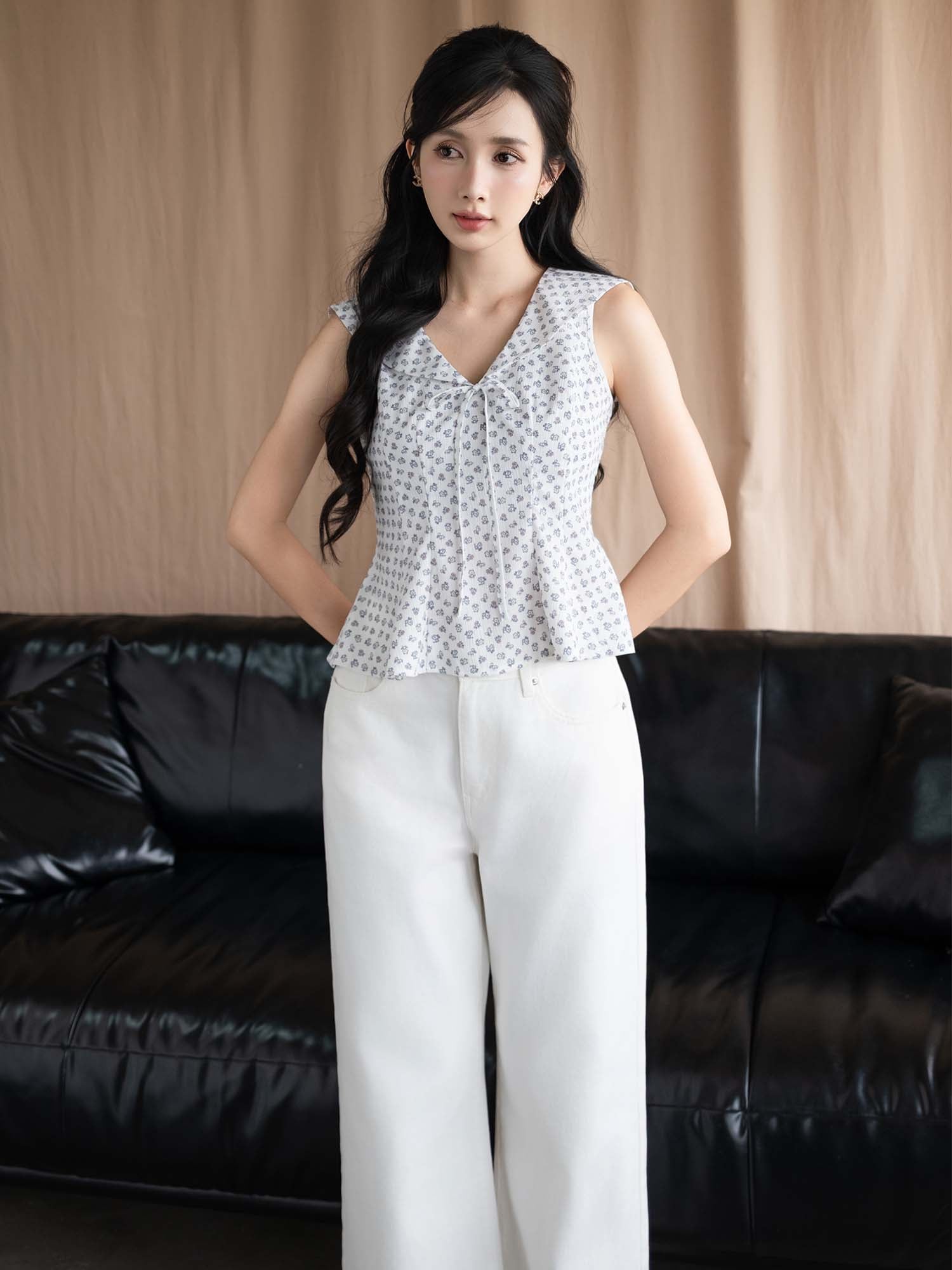 Áo kiểu đính nơ lai xòe cách điệu