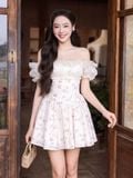  Đầm mini cotton hoa bẹt vai 