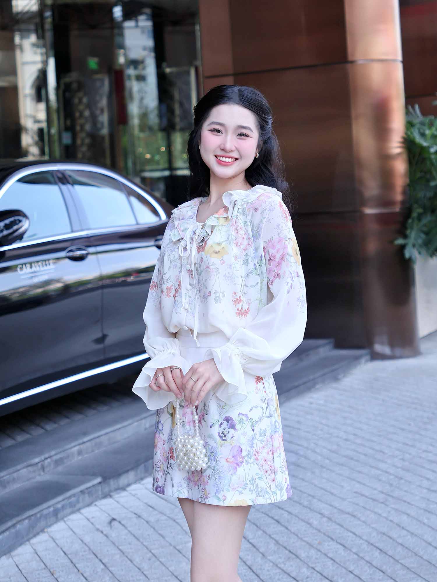 Váy mini chữ A phi mờ in hoa