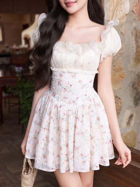  Đầm mini cotton hoa bẹt vai 