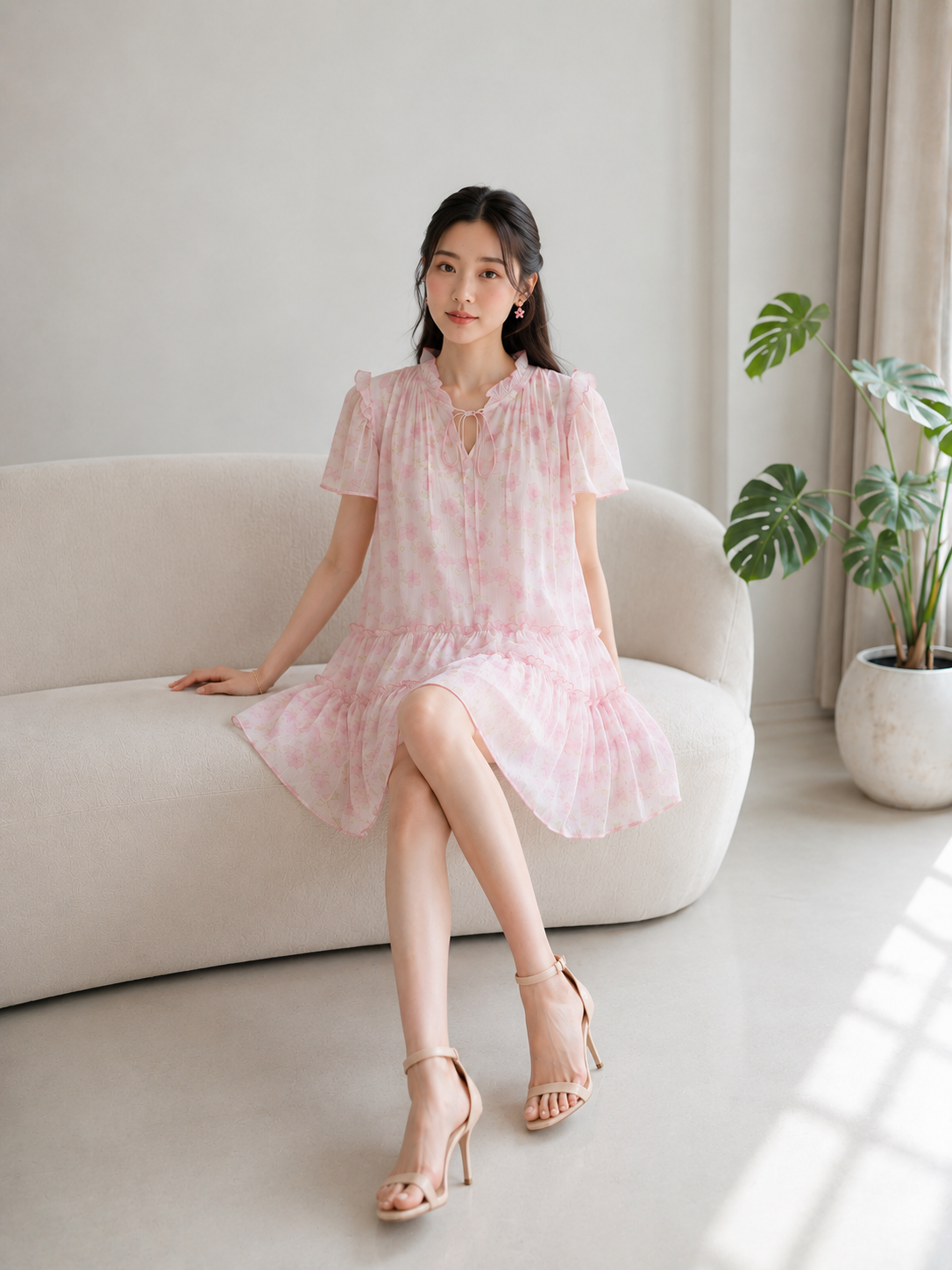 Đầm mini babydoll voan hoa nhún bèo