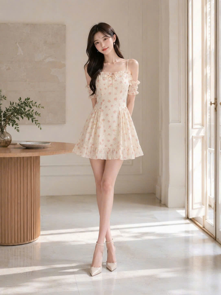  Đầm mini hoa nhí phối tay rời 