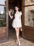  Đầm mini cotton hoa bẹt vai 
