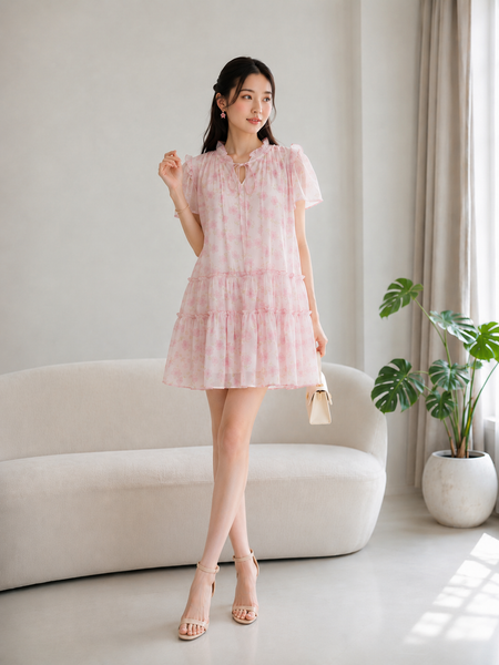  Đầm mini babydoll voan hoa nhún bèo 