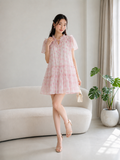  Đầm mini babydoll voan hoa nhún bèo 