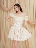  Đầm mini cotton hoa bẹt vai 