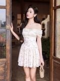  Đầm mini cotton hoa bẹt vai 