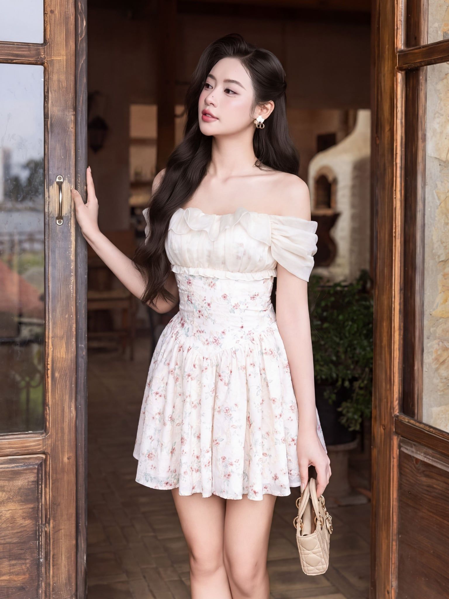  Đầm mini cotton hoa bẹt vai 