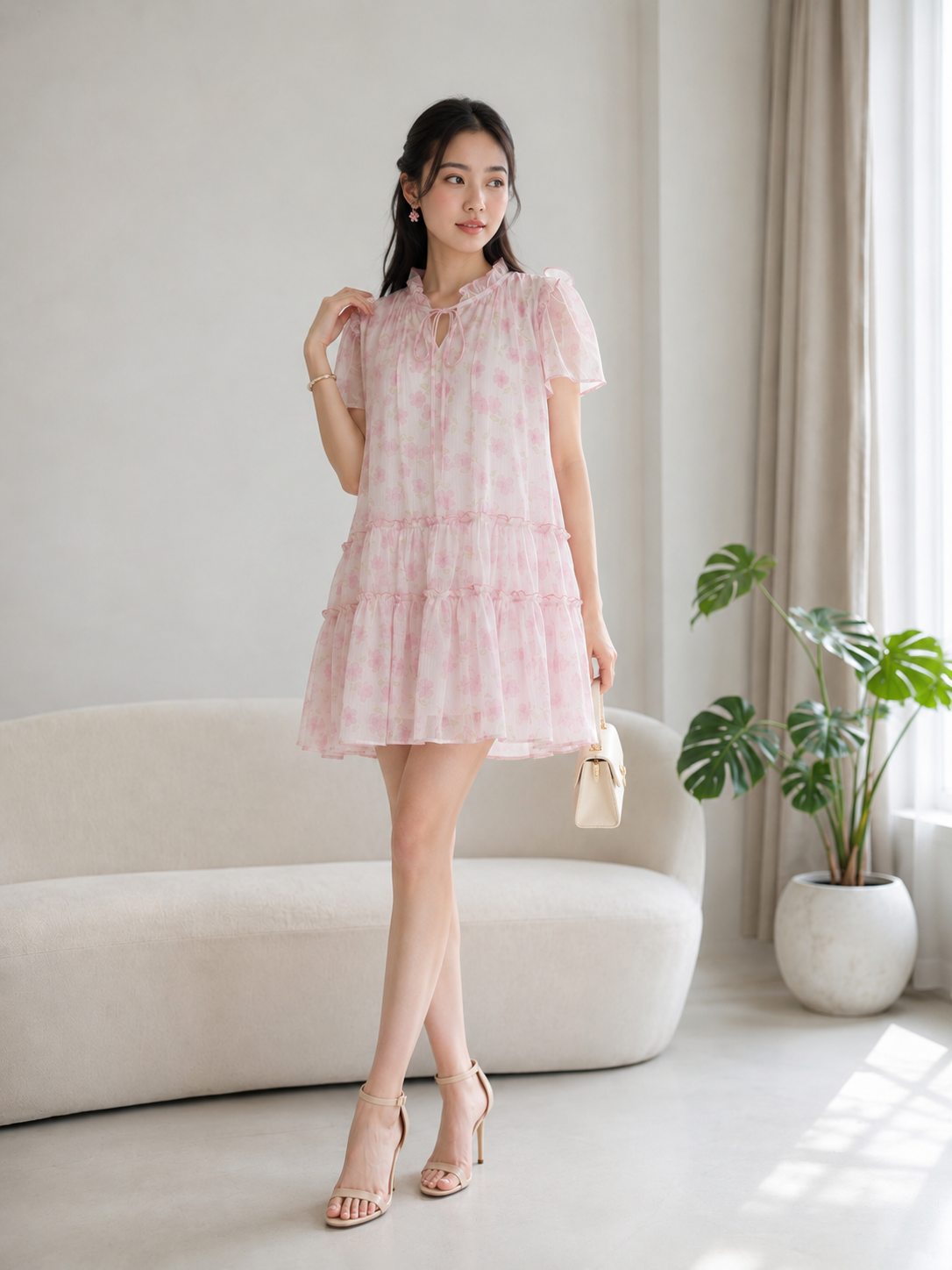 Đầm mini babydoll voan hoa nhún bèo