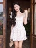  Đầm mini cotton hoa bẹt vai 
