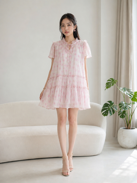  Đầm mini babydoll voan hoa nhún bèo 