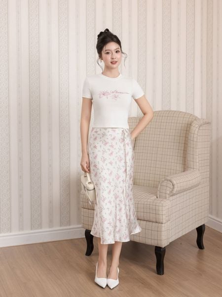  Chân váy midi lụa in hoa 