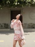  Áo voan tơ in hoa cổ bèo tay phồng 