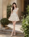  Đầm mini tơ thêu hoa dáng xòe 