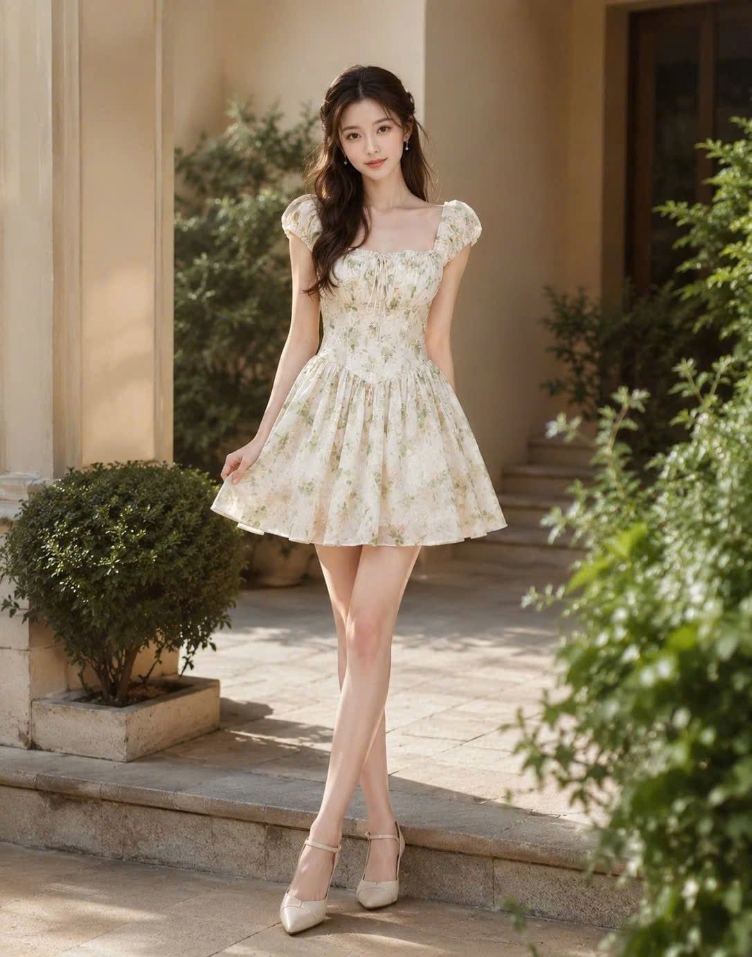  Đầm mini tơ thêu hoa dáng xòe 
