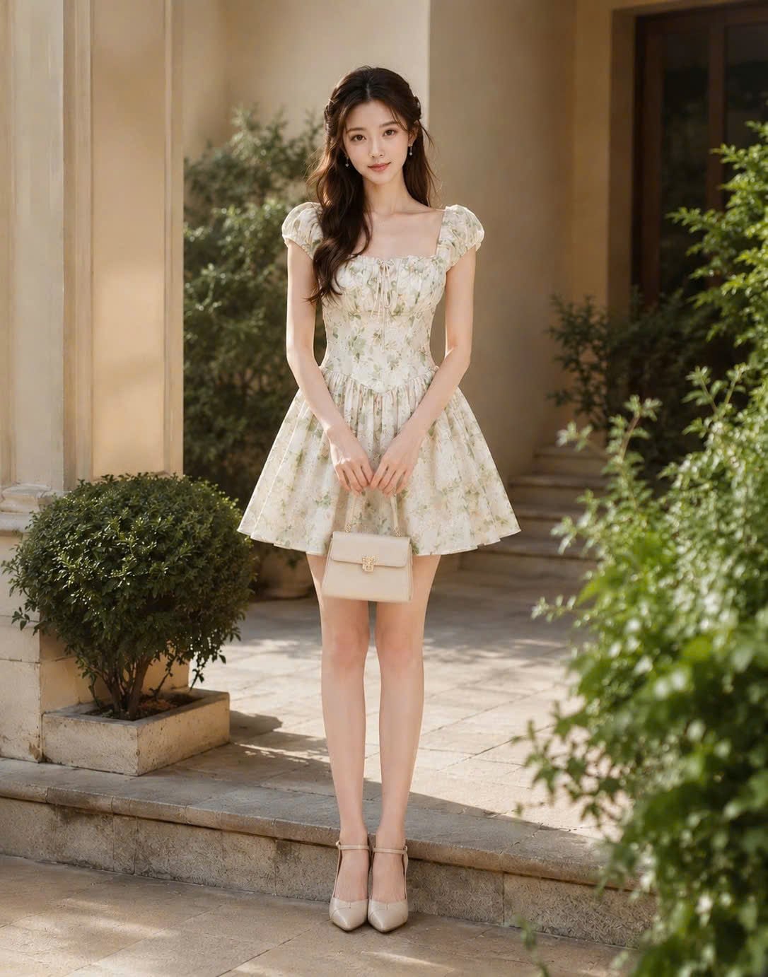 Đầm mini tơ thêu hoa dáng xòe