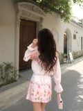  Áo voan tơ in hoa cổ bèo tay phồng 