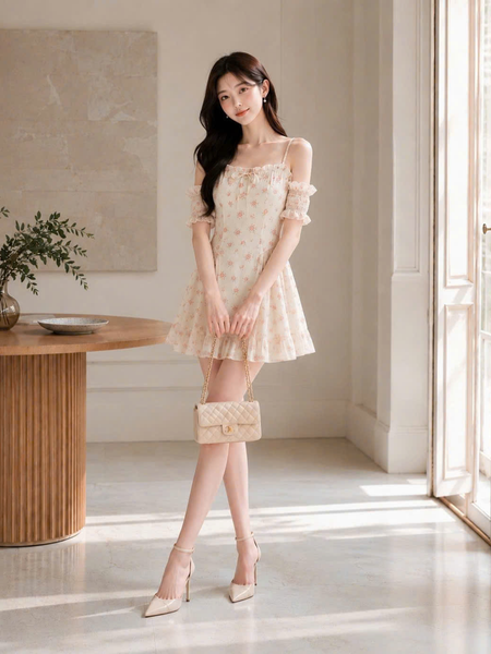  Đầm mini hoa nhí phối tay rời 