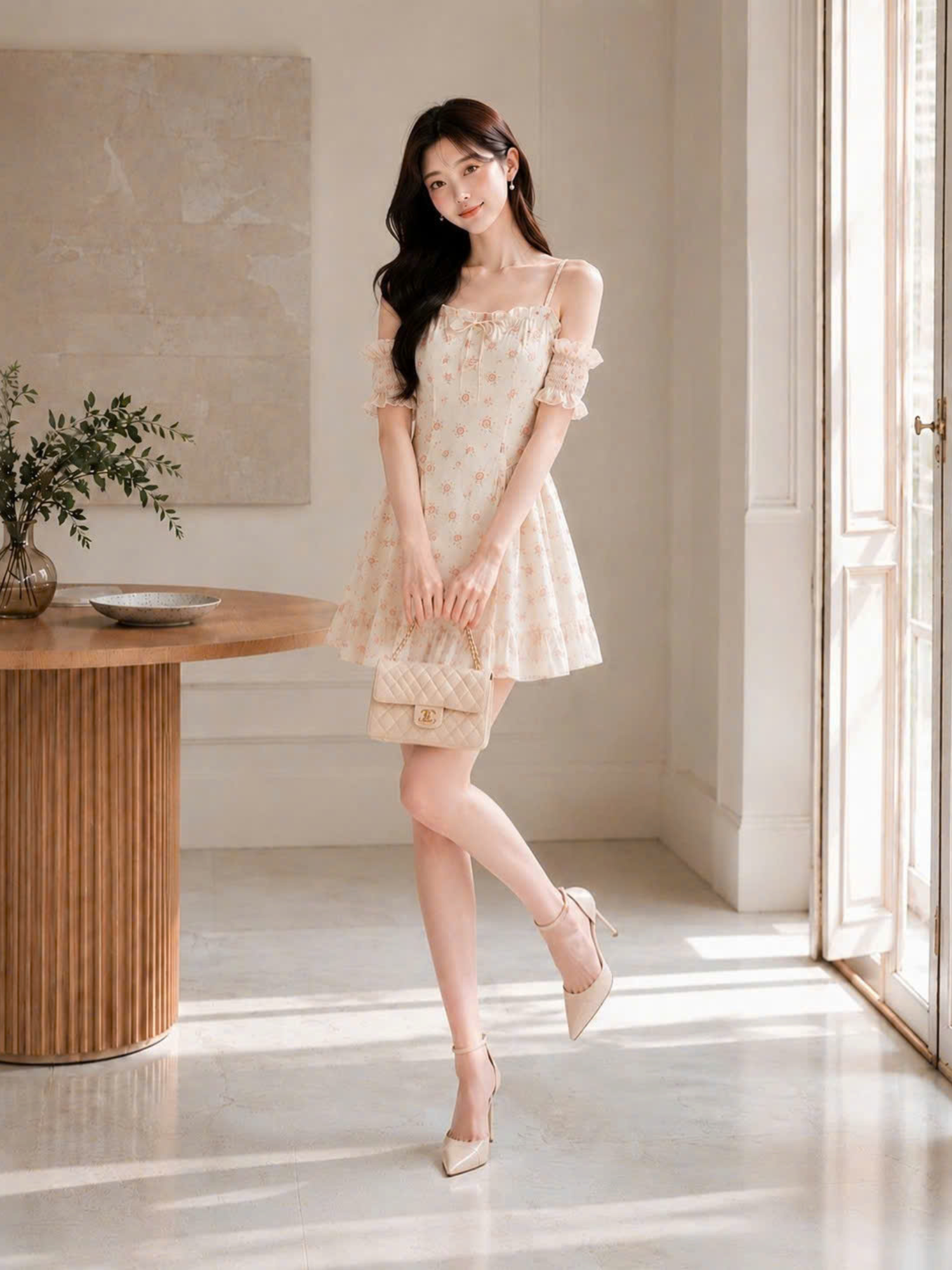 Đầm mini hoa nhí phối tay rời