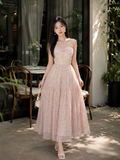  Đầm maxi voan hoa kim tuyến thắt nơ cổ 