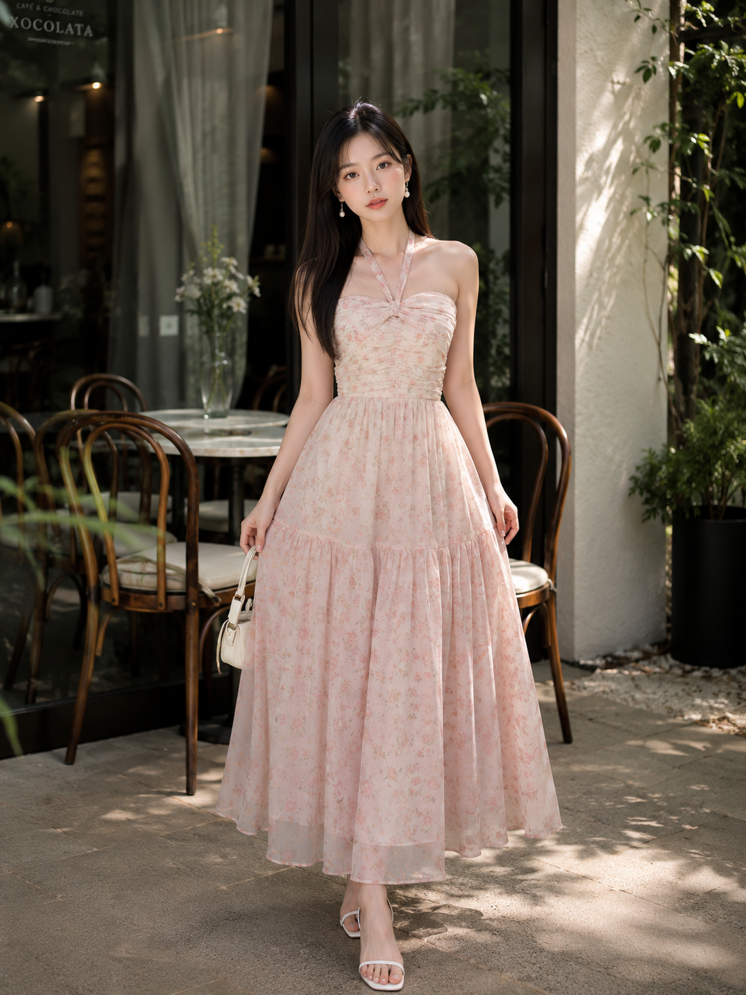  Đầm maxi voan hoa kim tuyến thắt nơ cổ 
