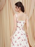  Đầm midi vải hoa 2 dây tùng xòe nhún ngực 