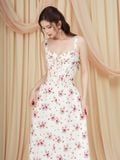  Đầm midi vải hoa 2 dây tùng xòe nhún ngực 