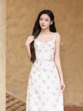  Đầm midi vải hoa 2 dây tùng xòe nhún ngực 