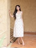  Đầm midi vải hoa 2 dây tùng xòe nhún ngực 