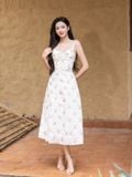  Đầm midi vải hoa 2 dây tùng xòe nhún ngực 