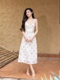  Đầm midi vải hoa 2 dây tùng xòe nhún ngực 