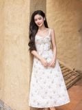  Đầm midi vải hoa 2 dây tùng xòe nhún ngực 