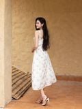  Đầm midi vải hoa 2 dây tùng xòe nhún ngực 