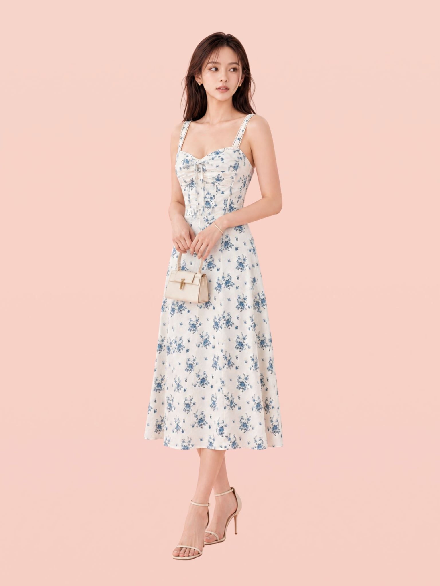  Đầm midi vải hoa 2 dây tùng xòe nhún ngực 
