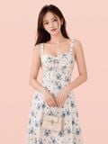  Đầm midi vải hoa 2 dây tùng xòe nhún ngực 