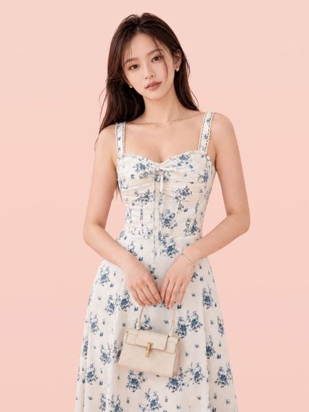  Đầm mindi vải hoa 2 dây tùng xòe nhún ngực 