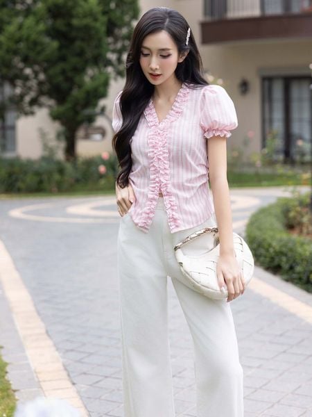  Áo sọc tay phồng phối bèo viền cổ 