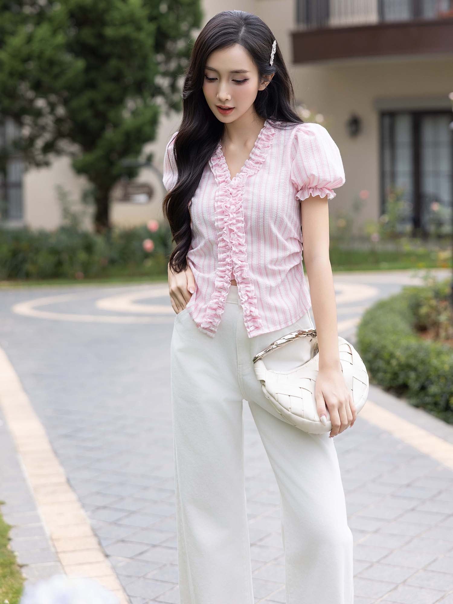  Áo sọc tay phồng phối bèo viền cổ 